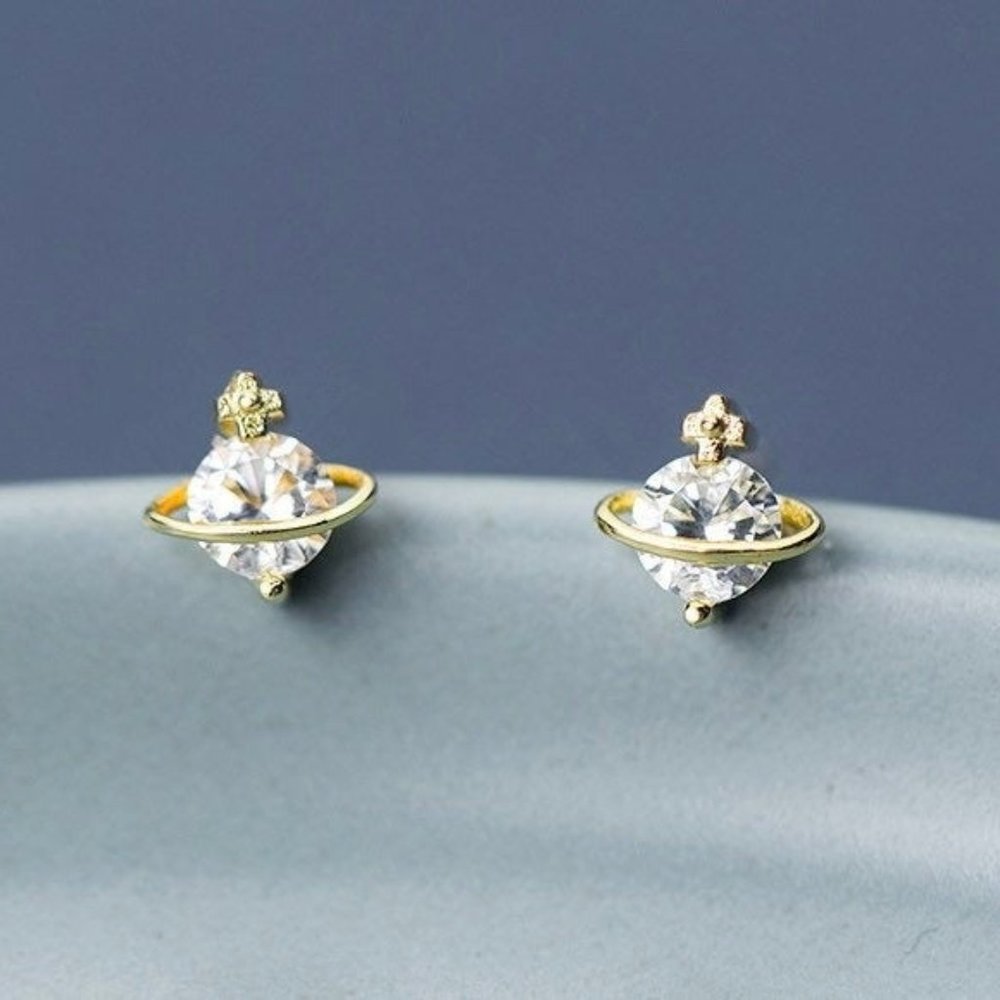 Solid Silver Planet Studs Earrings-Gold ECZ006 SS090
